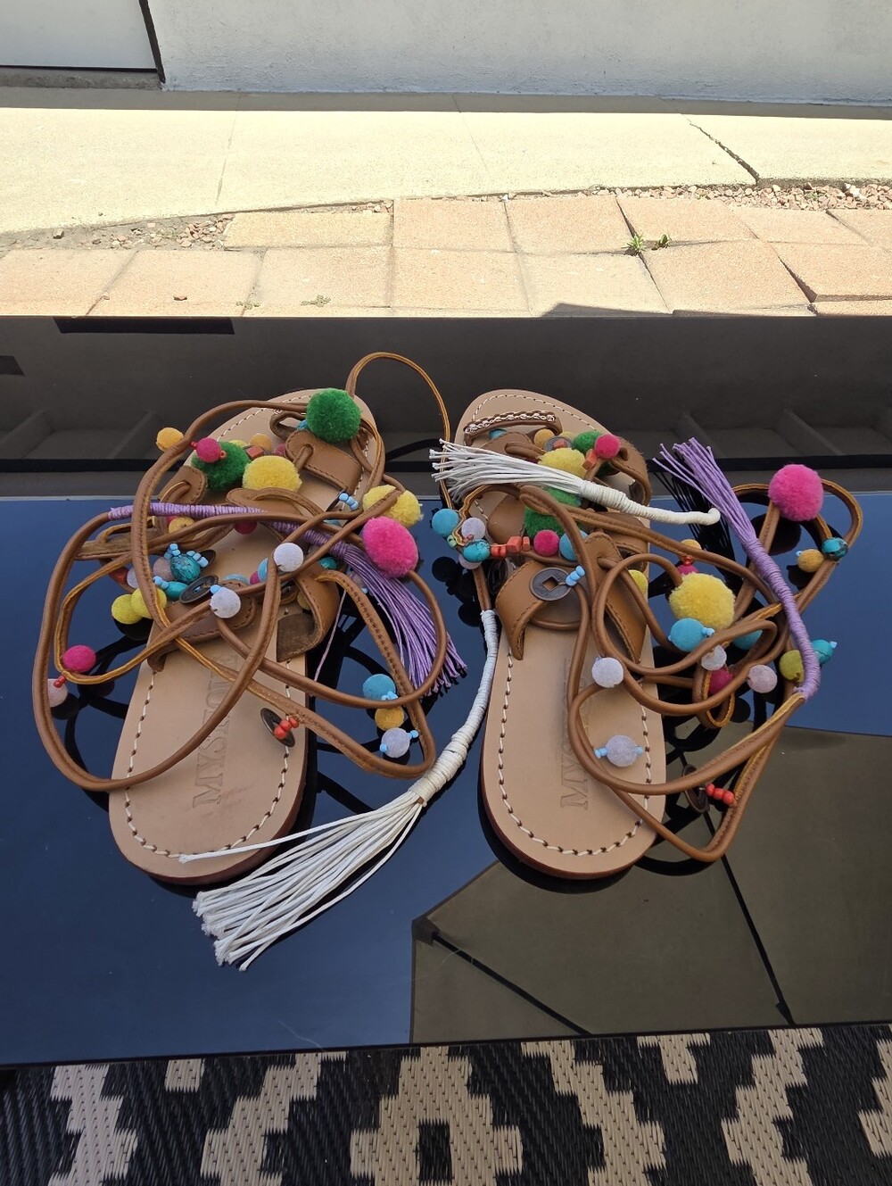 Mystique Lace-up colorful pom Pom gladiator sandals 9.
